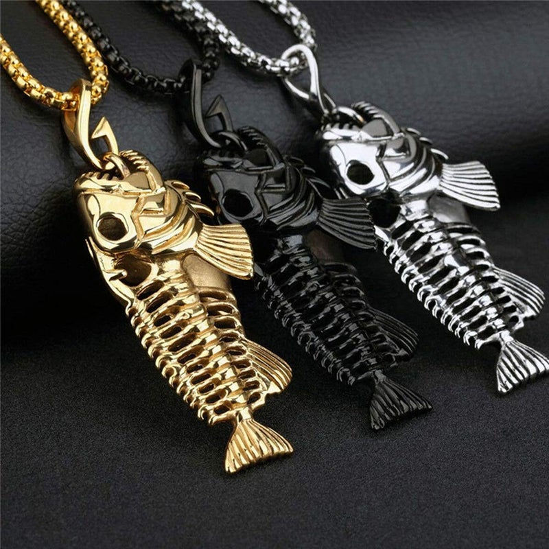Comimark 3Pcs Fish Bone Whole Fish Skeleton Stainless Steel Pendant Necklace Gold Black Silver - Image 2